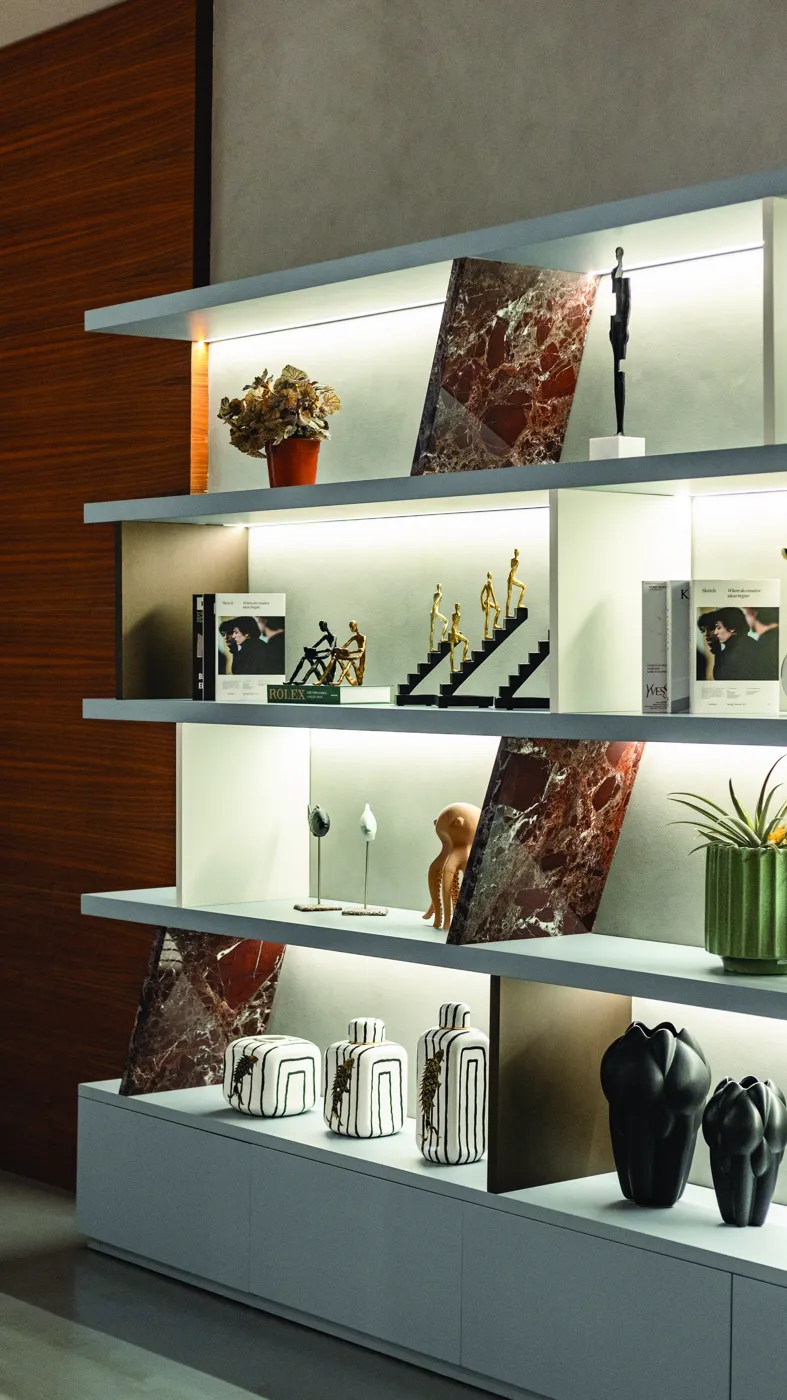 Lit display shelving with stone detailing