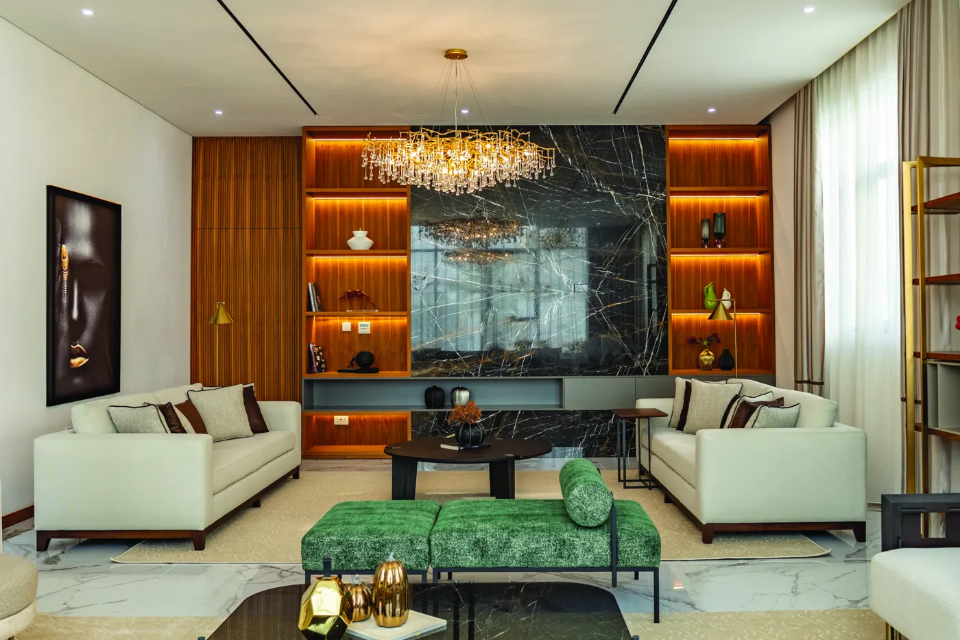 Living room with marble feature wall