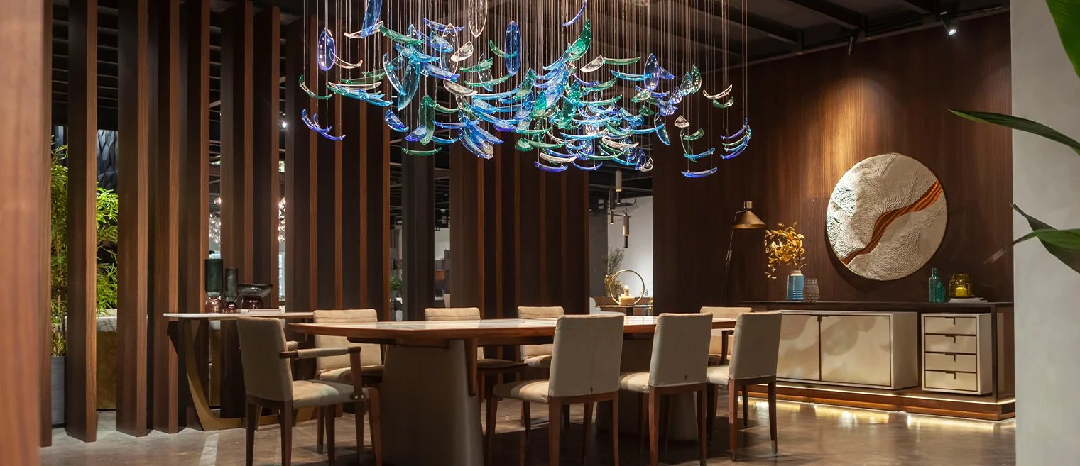 Modern living room with blue sofa